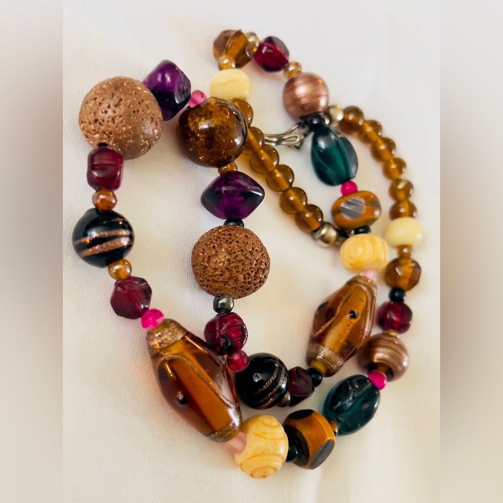 Artisan Statement Necklace Lampwork Glass, Carved Accent & Wood Boho .925 Silver